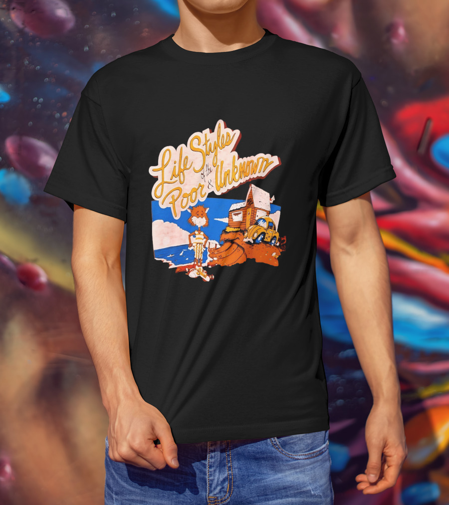Life Styles Of The Poor And Unknown Cartoon Cat Beach Scene With House And Car T-Shirt