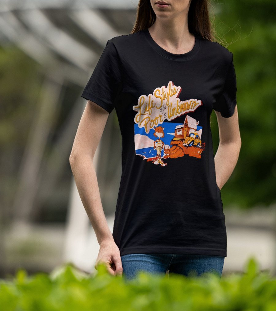 Life Styles Of The Poor And Unknown Cartoon Cat Beach Scene With House And Car T-Shirt
