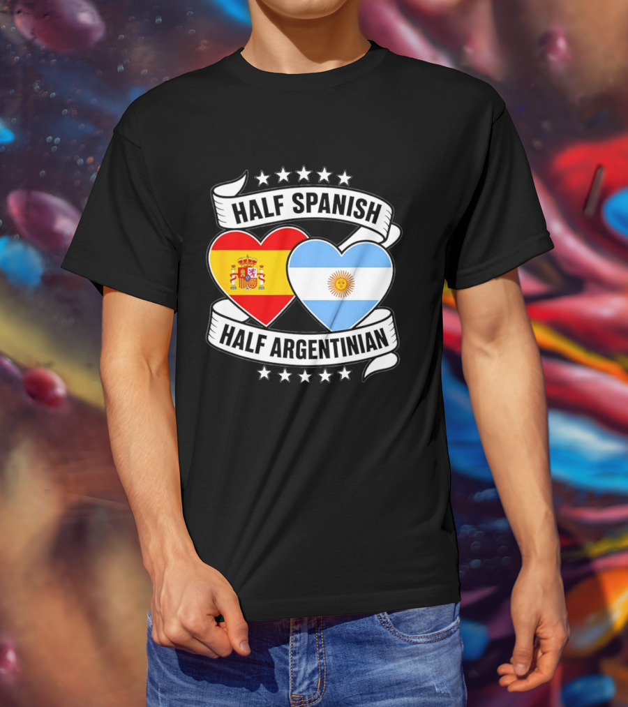 Half Spanish Half Argentinian Heart Flags Banner Star T-Shirt