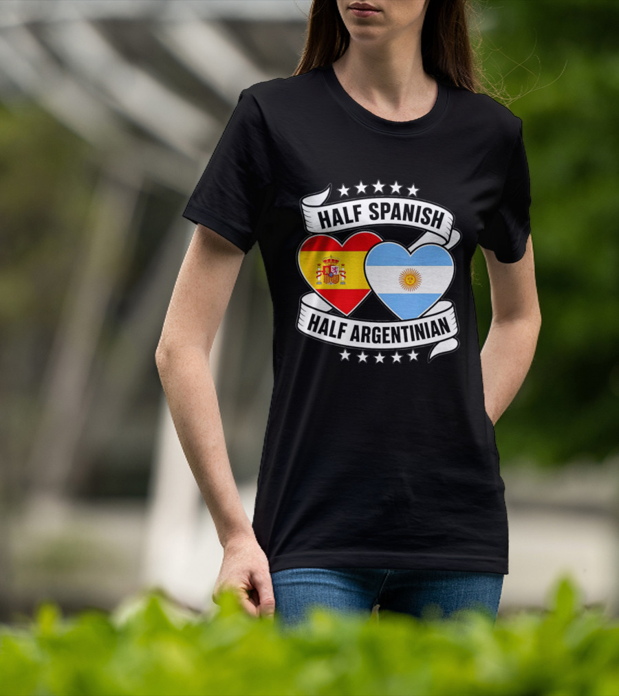 Half Spanish Half Argentinian Heart Flags Banner Star T-Shirt