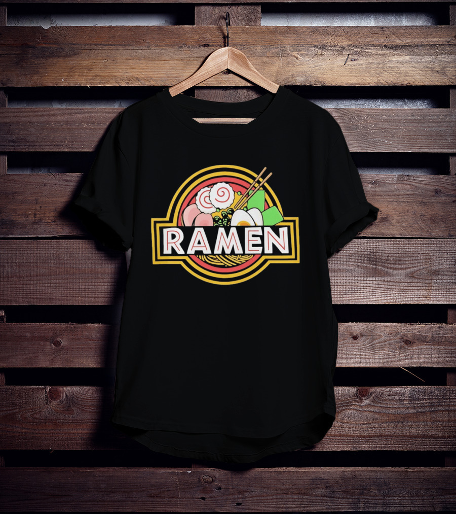 Ramen Jurassic Park Japanese Food Logo Parody With Noodles And Chopsticks T-Shirt