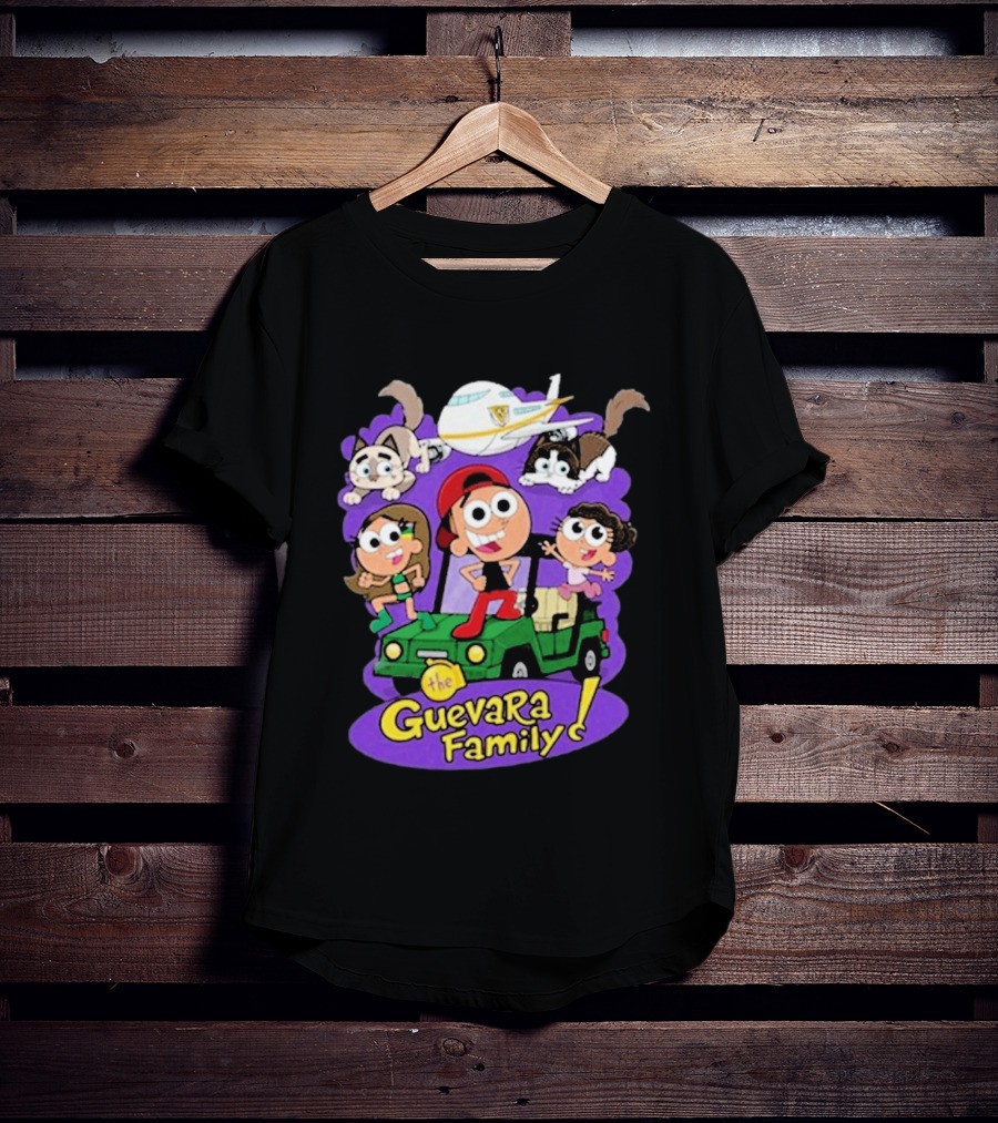 The Guevara Family Cartoon Adventure With Pets And Airplane T-Shirt