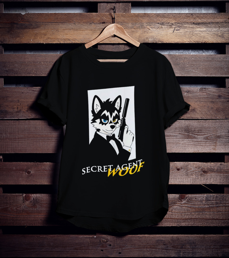Secret Agent Woof Husky Tuxedo Spy Dog Holding Pistol Image T-Shirt