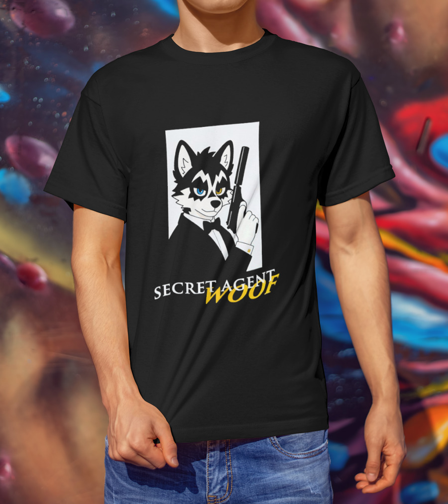 Secret Agent Woof Husky Tuxedo Spy Dog Holding Pistol Image T-Shirt