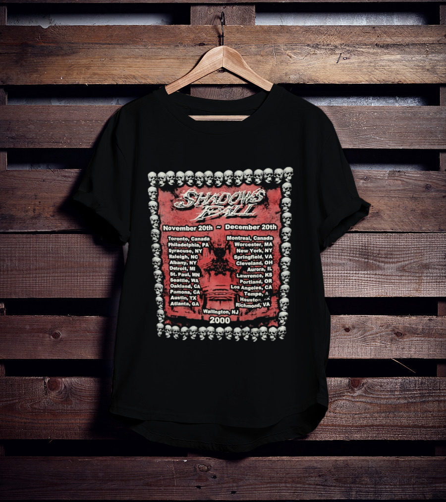 Shadows Fall 2000 Tour Dates Skull Border November December Toronto Montreal New York Los Angeles T-Shirt