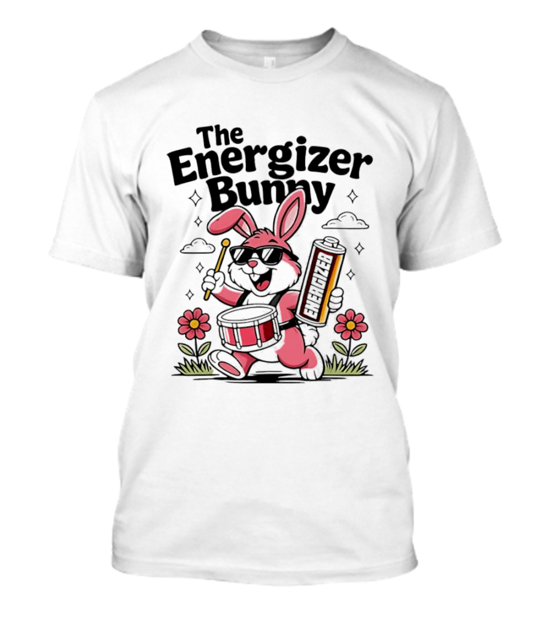 The Energizer Bunny Playing Drum Cartoon Pink Rabbit Sunglasses Drumming With Battery And Flowers T-Shirt