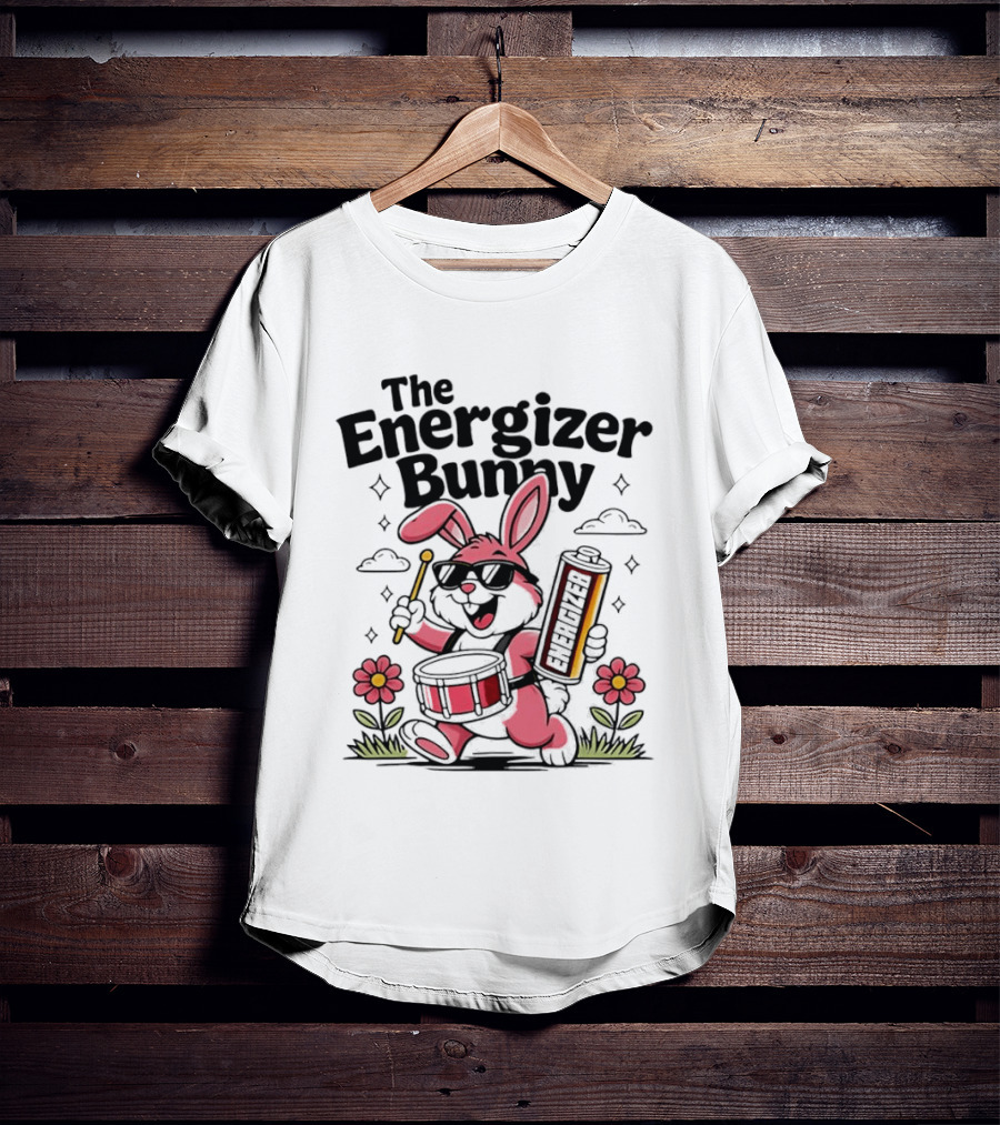 The Energizer Bunny Playing Drum Cartoon Pink Rabbit Sunglasses Drumming With Battery And Flowers T-Shirt