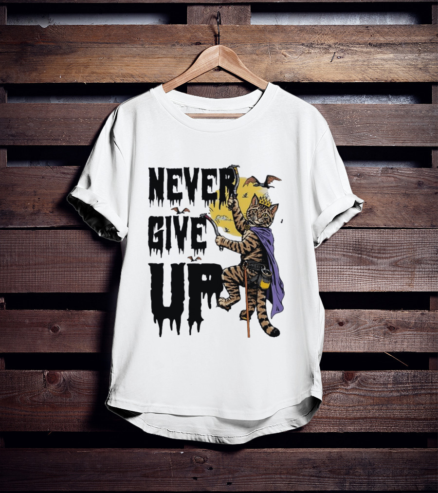 Never Give Up Cat Climbing With Crown And Cape T-Shirt