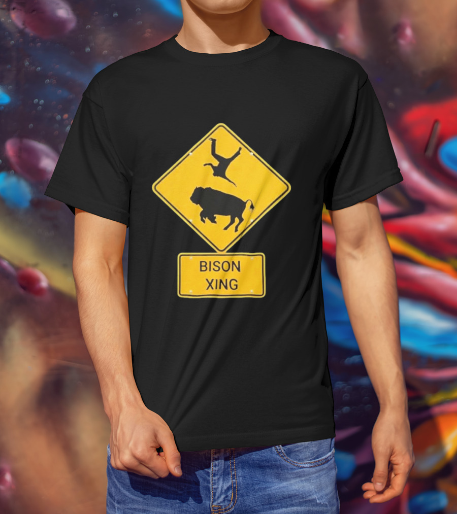 Bison Xing Road Sign With Pedestrian Warning T-Shirt
