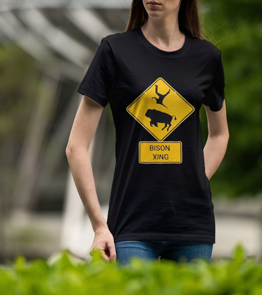 Bison Xing Road Sign With Pedestrian Warning T-Shirt