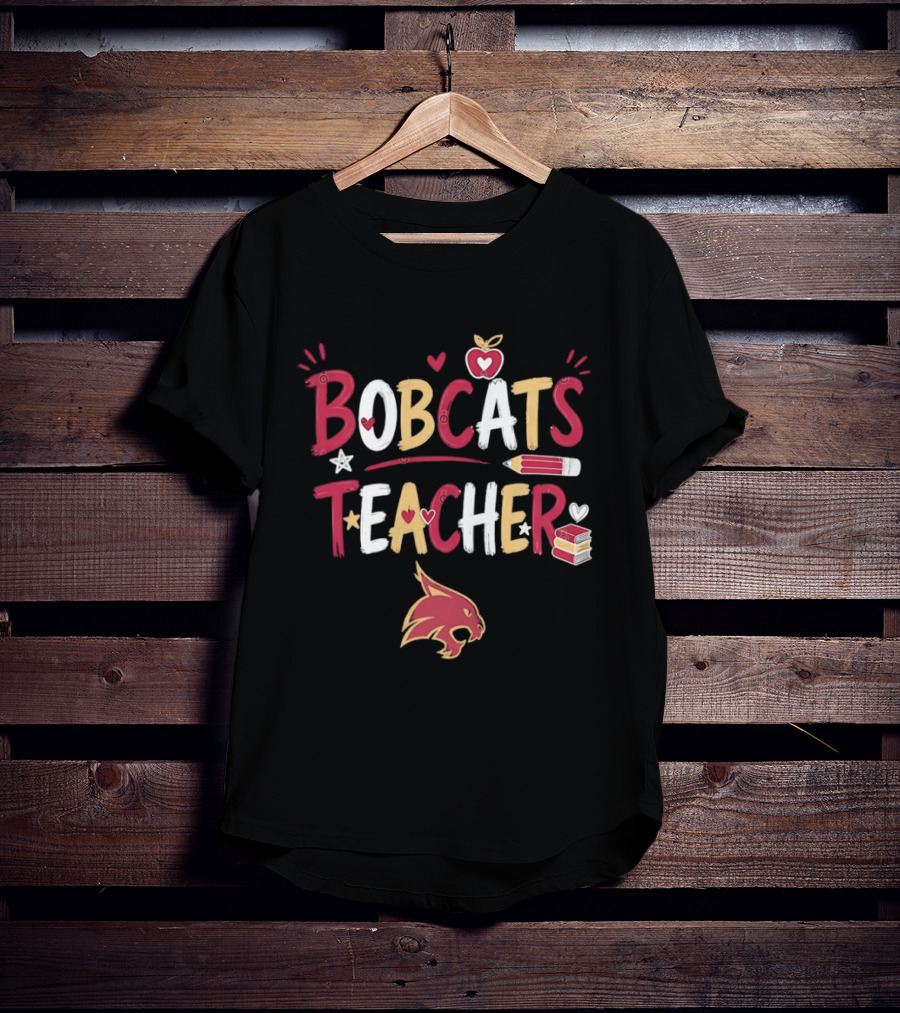 Bobcats Teacher School Spirit Heart Pencil Books Stars T-Shirt