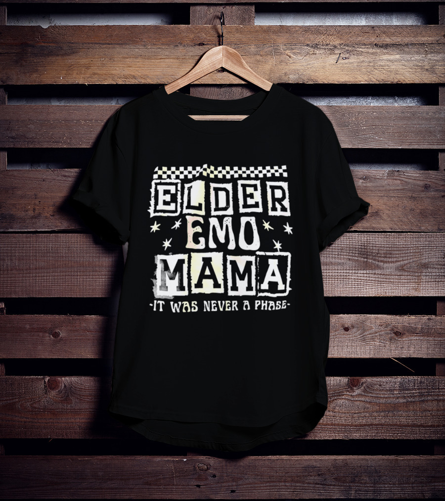 Elder Emo Mama It Was Never A Phase Vintage Retro Checkerboard Star Emo Font T-Shirt