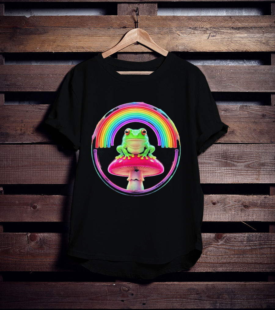 Neon Frog On Mushroom Under Vibrant Rainbow Circle T-Shirt