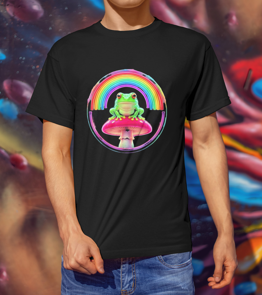 Neon Frog On Mushroom Under Vibrant Rainbow Circle T-Shirt
