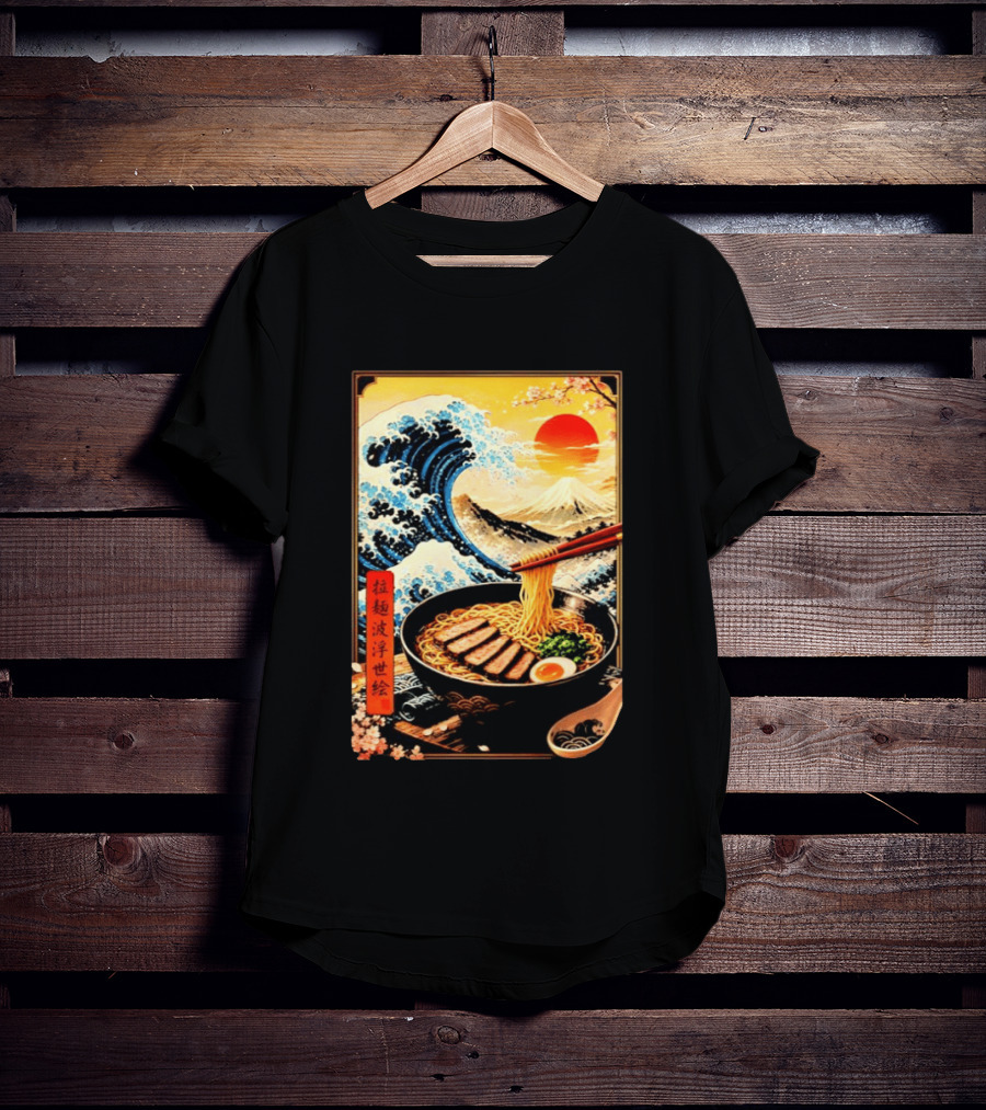 Great Wave Ramen Ukiyo E Japanese Noodles Cherry Blossoms Sun Mountain T-Shirt
