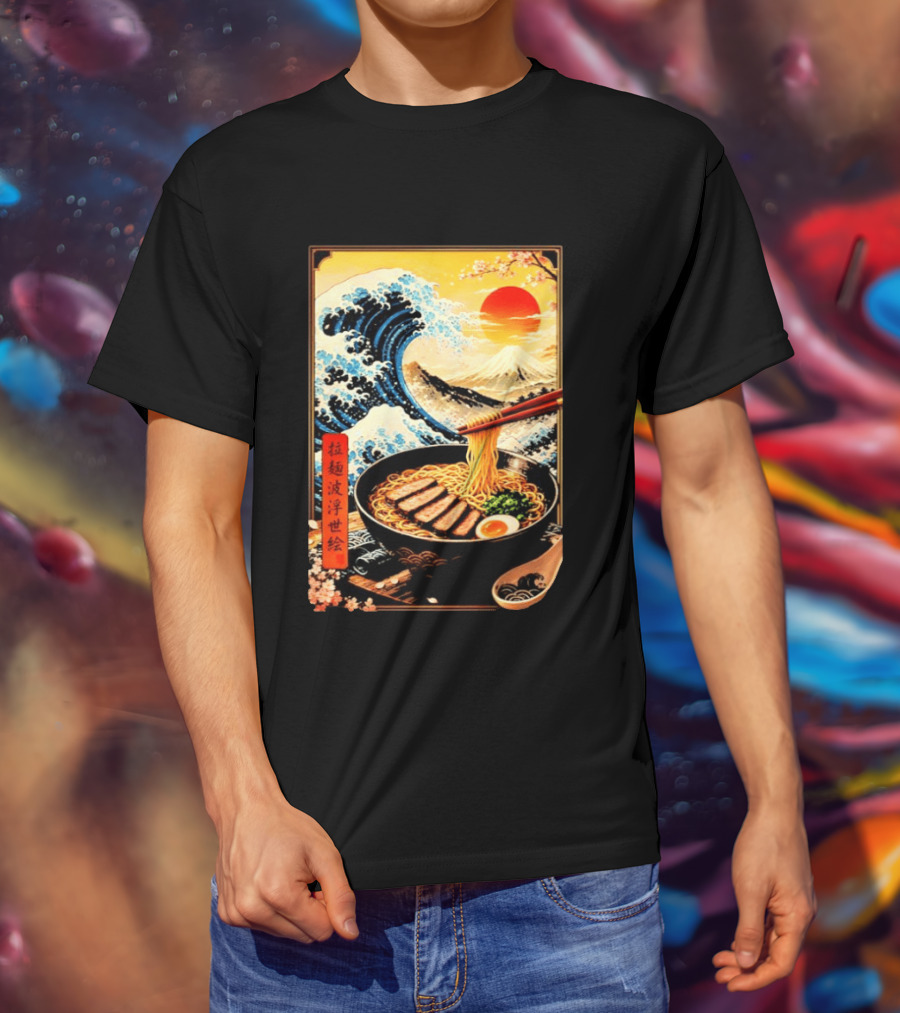 Great Wave Ramen Ukiyo E Japanese Noodles Cherry Blossoms Sun Mountain T-Shirt