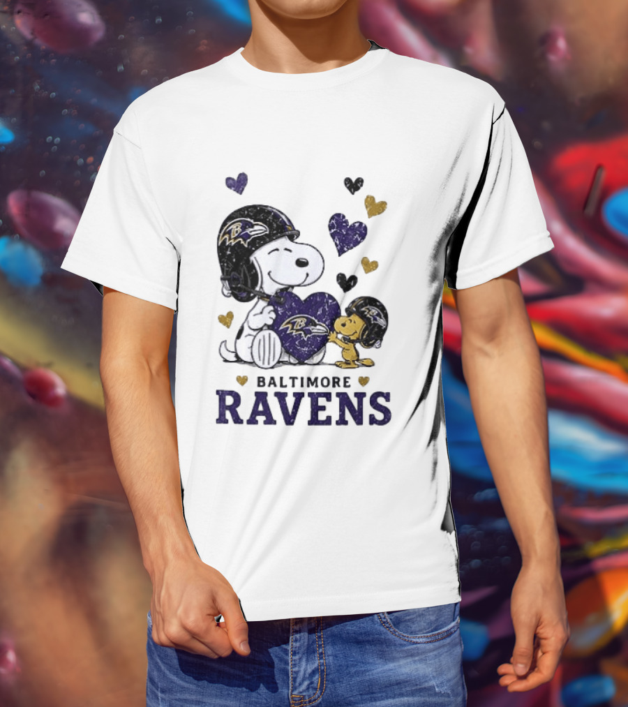 Baltimore Ravens Peanuts Snoopy Woodstock Love Laughter Hearts T-Shirt
