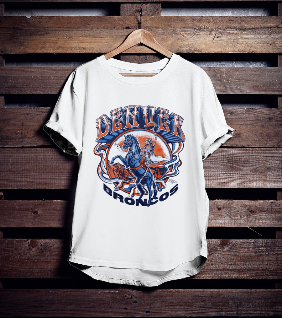 Denver Broncos Skeleton Horse Rider Football T-Shirt