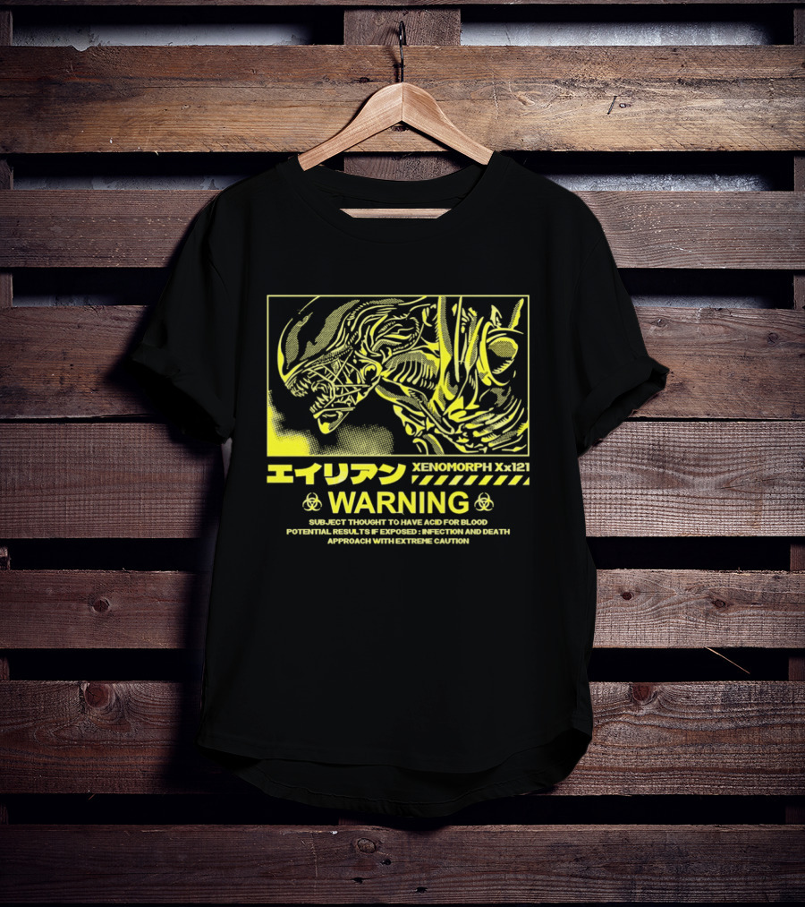 Alien Xenomorph Xx121 Acid Blood Warning Hazard Japan Text Yellow T-Shirt