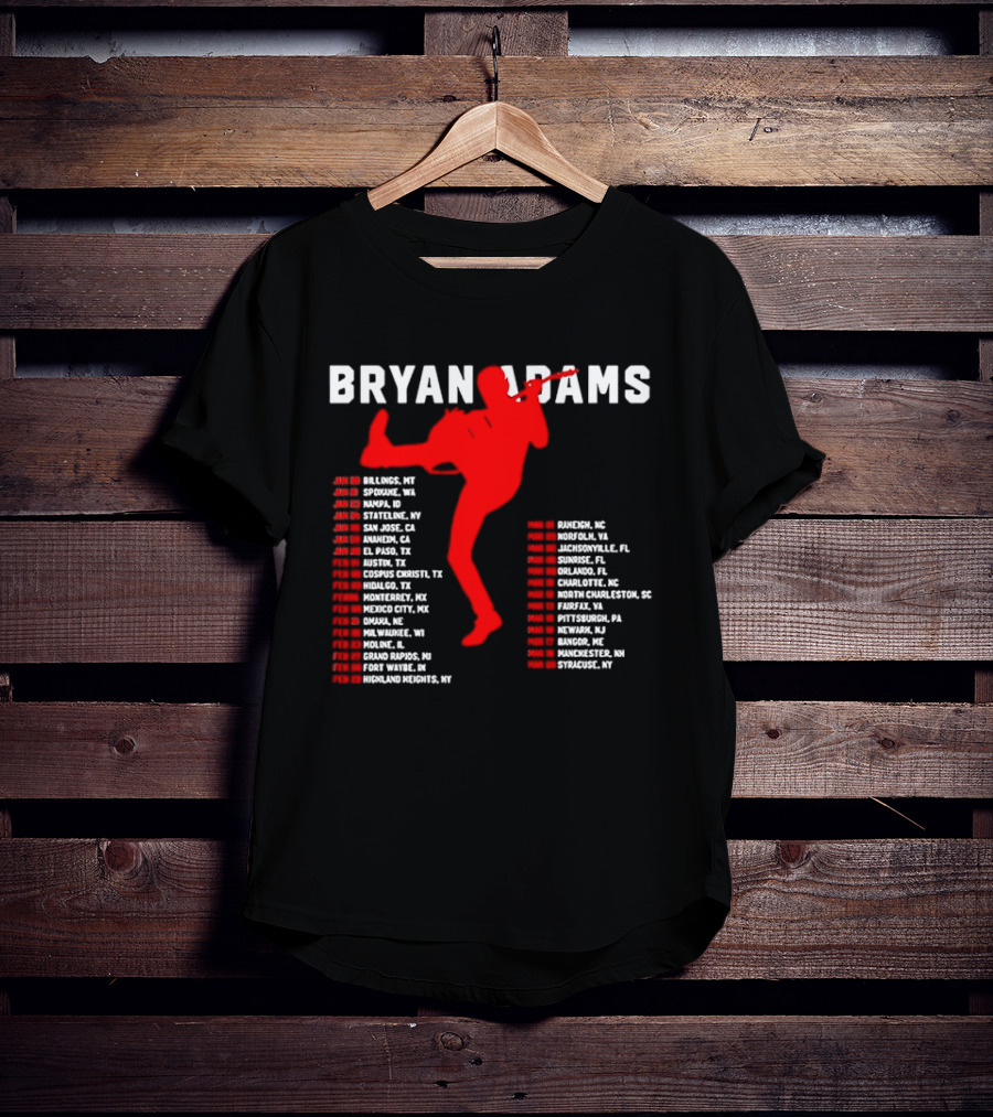 Bryan Adams Kicking Guitar With 2023 Tour Dates And Cities T-Shirt