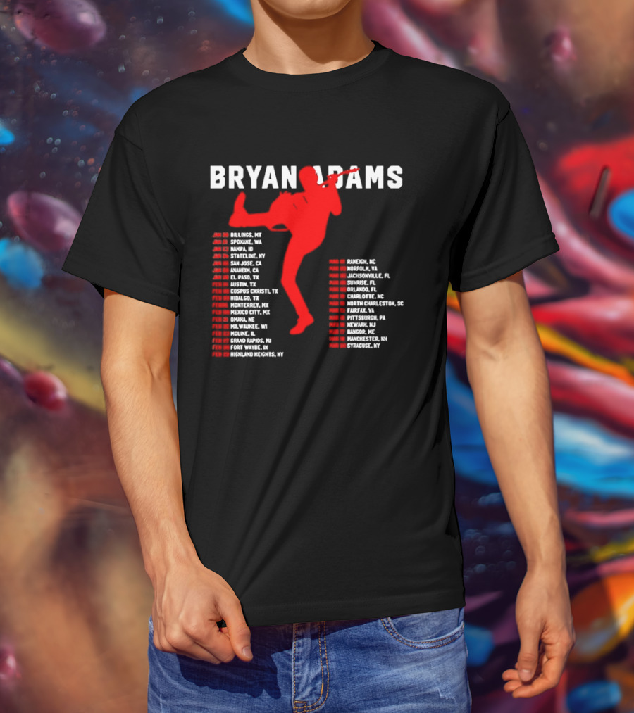 Bryan Adams Kicking Guitar With 2023 Tour Dates And Cities T-Shirt