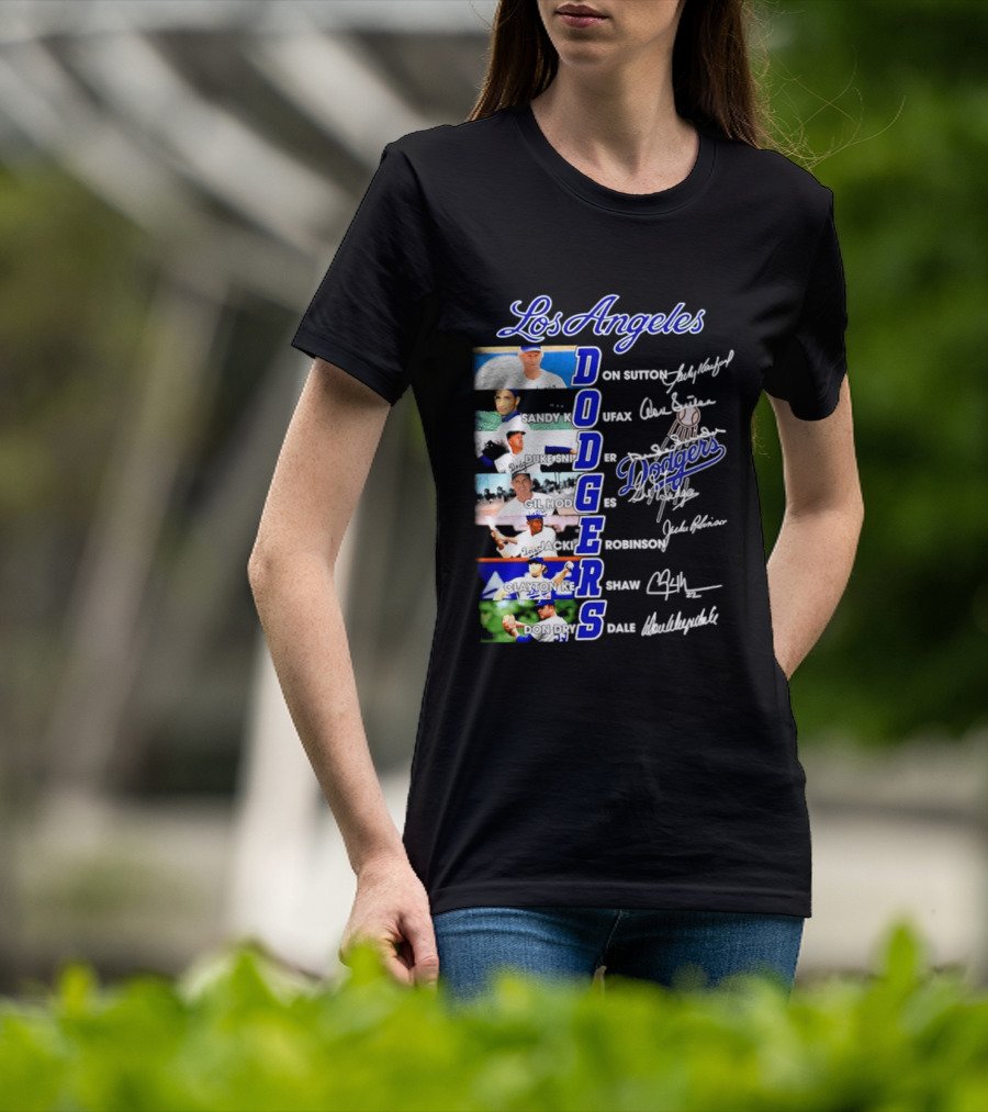 Los Angeles Dodgers Don Sutton Sandy Koufax Duke Snider Gil Hodges Jackie Robinson Clayton Kershaw Don Drysdale Signatures T-Shirt
