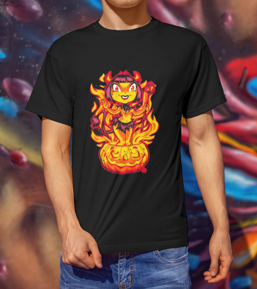 Devil Girl In Jack O' Lantern Halloween Flames With Pitchfork And Tail T-Shirt