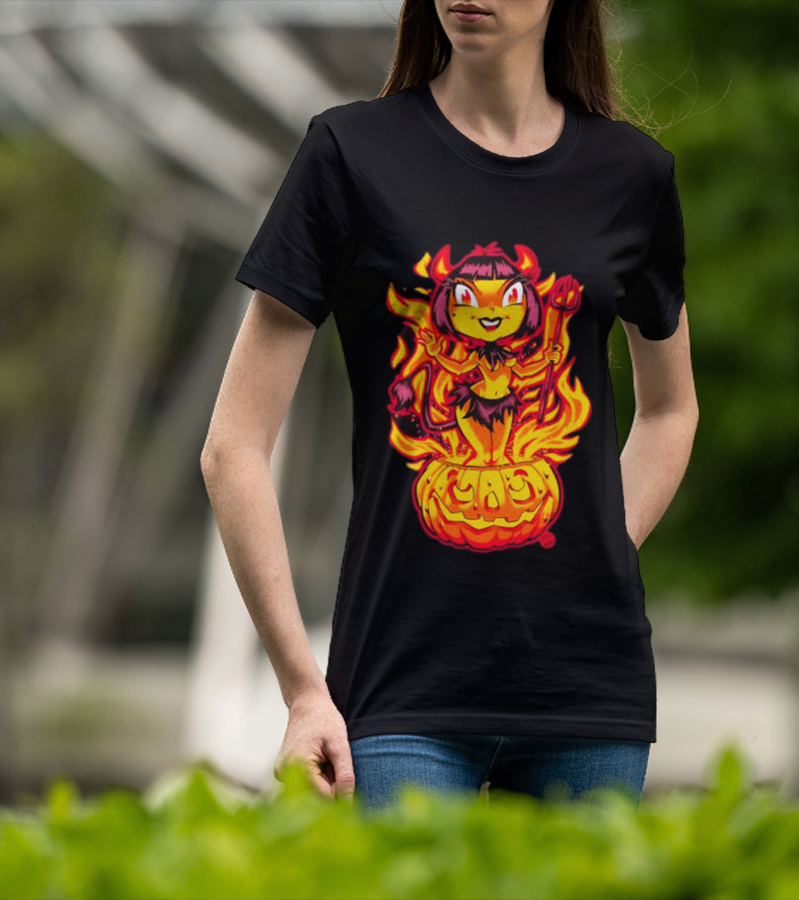 Devil Girl In Jack O' Lantern Halloween Flames With Pitchfork And Tail T-Shirt
