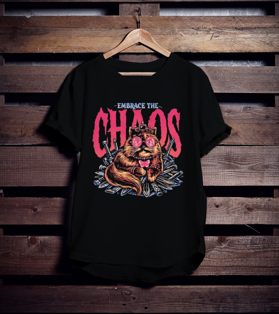 Embrace The Chaos Cat Pink Crown Daggers Funny Feline T-Shirt