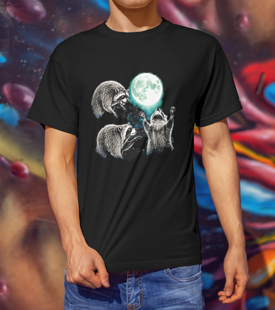 Jimothy Raccoon Moon Space Wolf Moon Trio Reaching For Full Moon T-Shirt