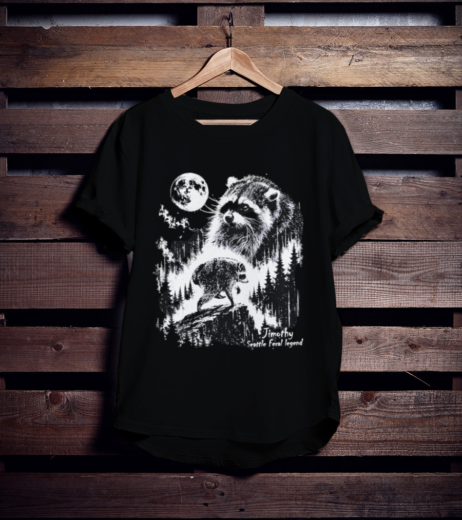 Jimothy Seattle Feral Legend Raccoon Moonlit Forest Wildlife Adventure T-Shirt