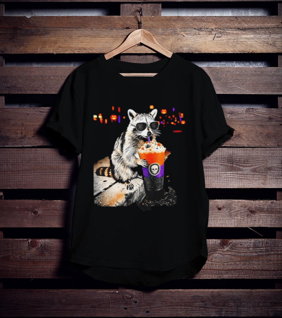 Raccoon With Sunglasses Enjoying Halloween Frappe With Skull Cup And Pumpkin T-Shirt