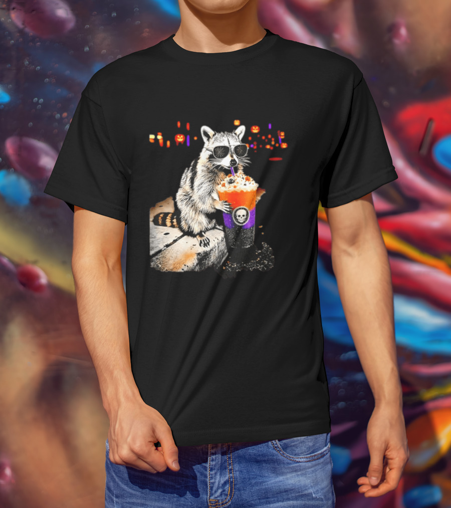 Raccoon With Sunglasses Enjoying Halloween Frappe With Skull Cup And Pumpkin T-Shirt