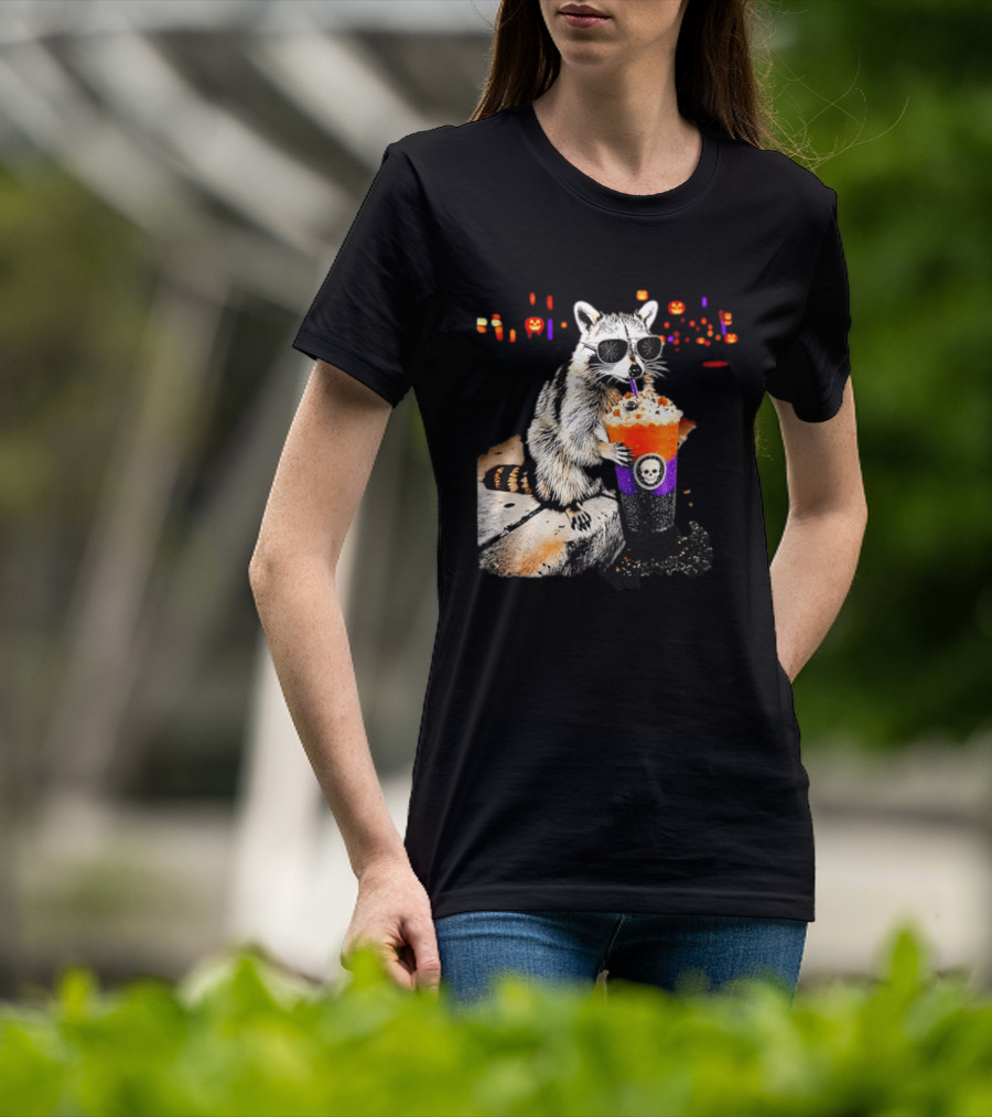Raccoon With Sunglasses Enjoying Halloween Frappe With Skull Cup And Pumpkin T-Shirt
