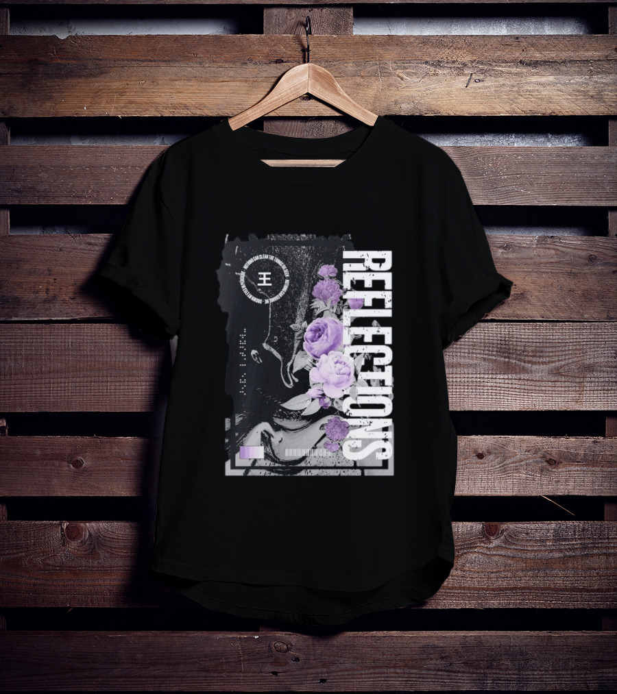 Reflections Peroxide Floral Typography With Purple Roses And Abstract Black And White T-Shirt