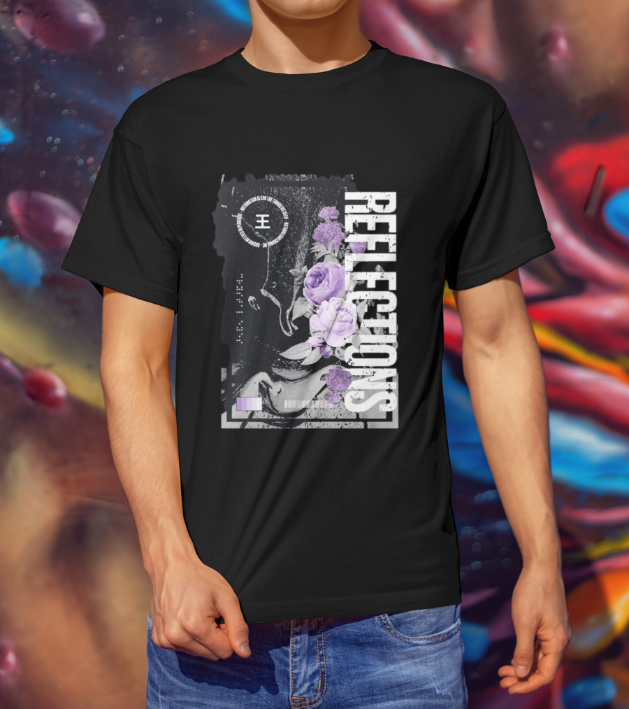 Reflections Peroxide Floral Typography With Purple Roses And Abstract Black And White T-Shirt