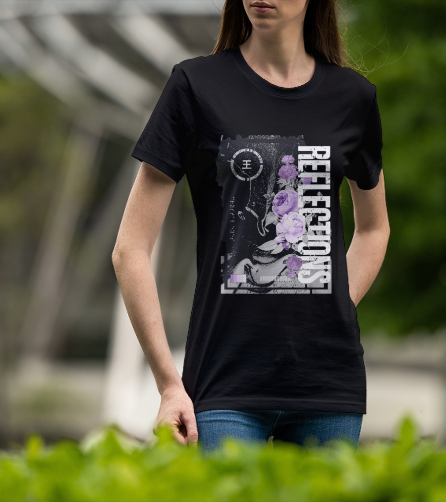 Reflections Peroxide Floral Typography With Purple Roses And Abstract Black And White T-Shirt