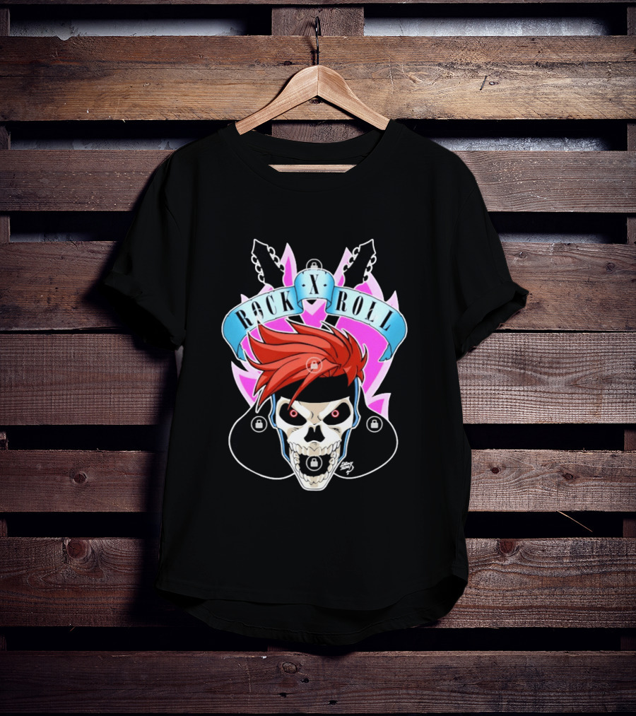 Rock X Roll Skull Electric Guitar Red Hair T-Shirt