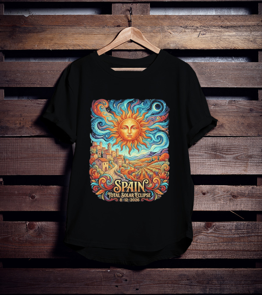 Spain Total Solar Eclipse 8 12 2026 Sun And Moon Celestial Village T-Shirt
