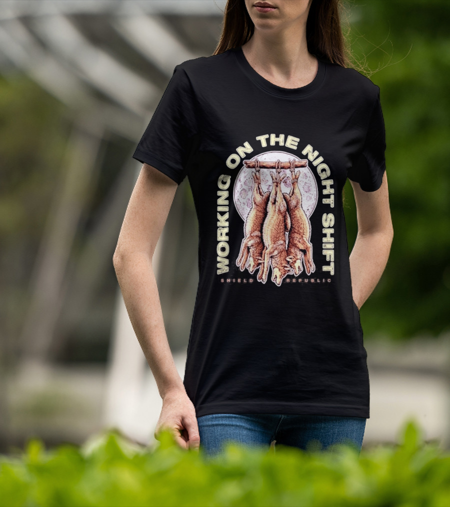 Working On The Night Shift Shield Republic Hanging Coyotes Full Moon T-Shirt