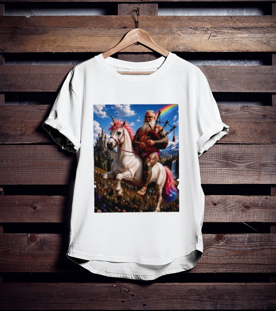 Bearded Scotsman Playing Bagpipes Riding A Rainbow Unicorn In Enchanted Castle Landscape T-Shirt