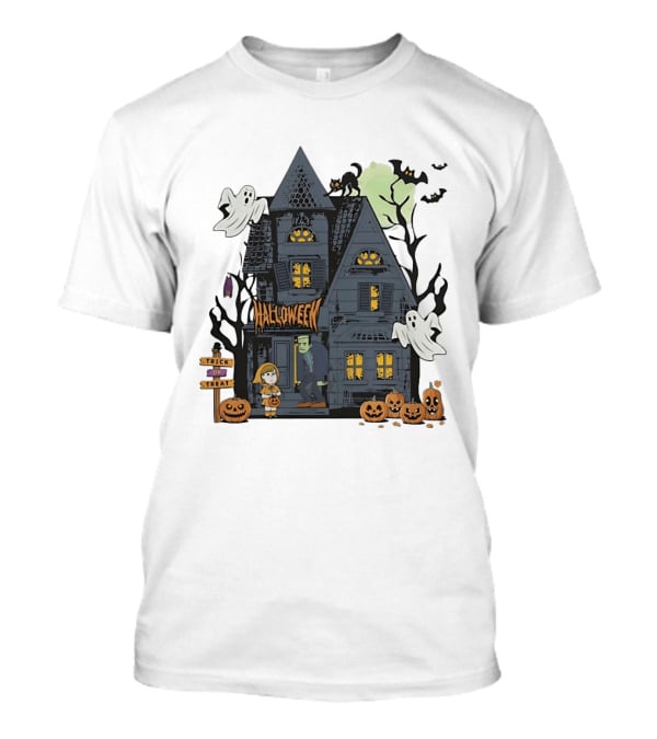 Halloween Haunted House With Frankenstein Trick Or Treat Ghosts And Pumpkins T-Shirt