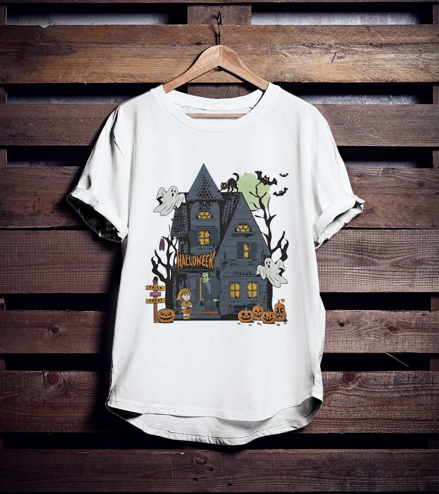 Halloween Haunted House With Frankenstein Trick Or Treat Ghosts And Pumpkins T-Shirt