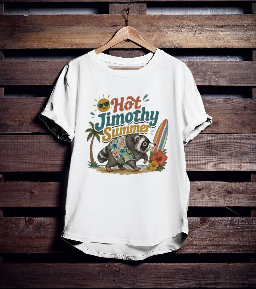 Hot Jimothy Summer Raccoon Tropical Surfing Vibes Vintage Paradise T-Shirt