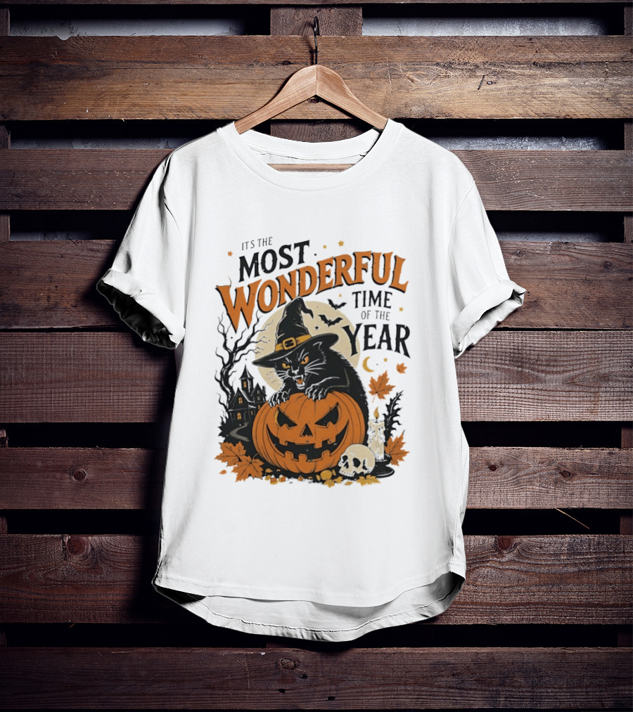 It's The Most Wonderful Time Of The Year Witch Cat And Pumpkin Halloween T-Shirt