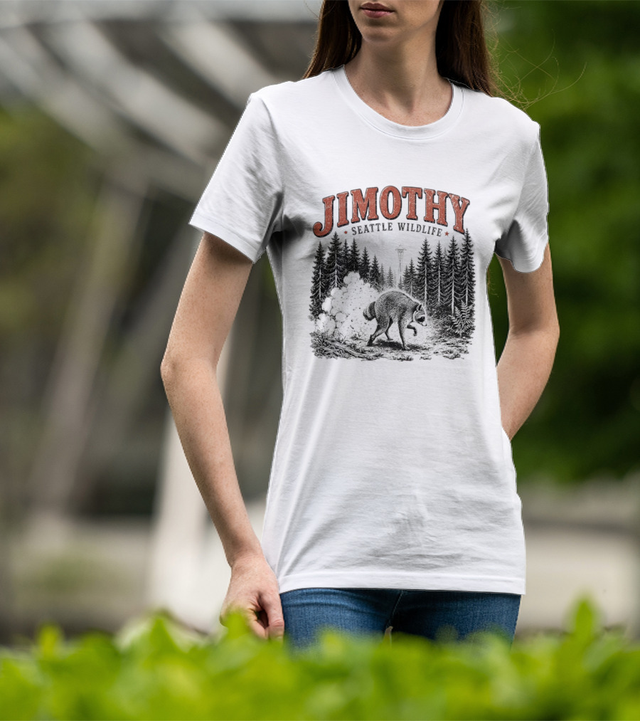 Jimothy Seattle Wildlife Raccoon With Space Needle Forest Scene T-Shirt
