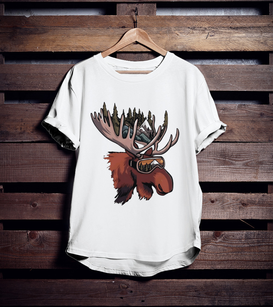 Moose With Ski Goggles And Mountain Forest Antlers Adventure Scene T-Shirt