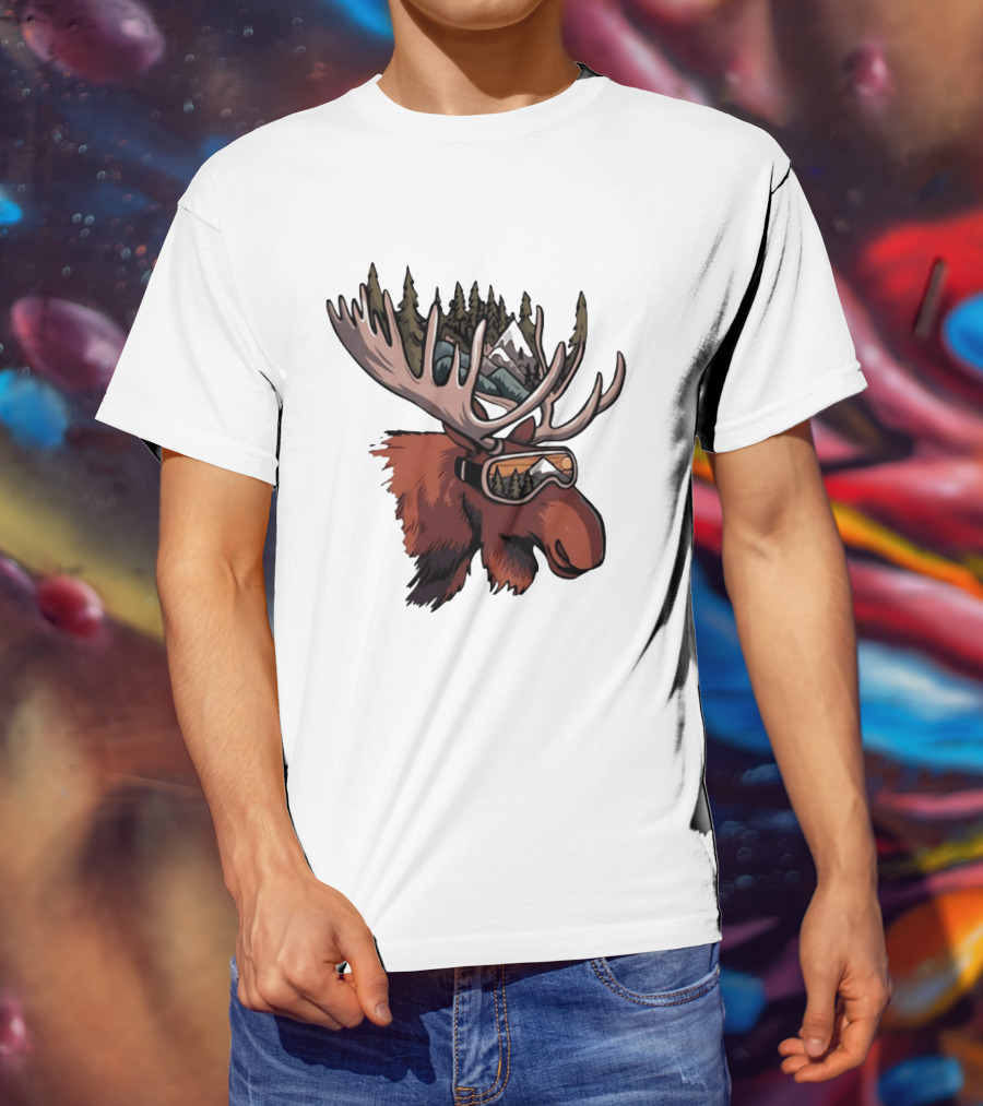 Moose With Ski Goggles And Mountain Forest Antlers Adventure Scene T-Shirt