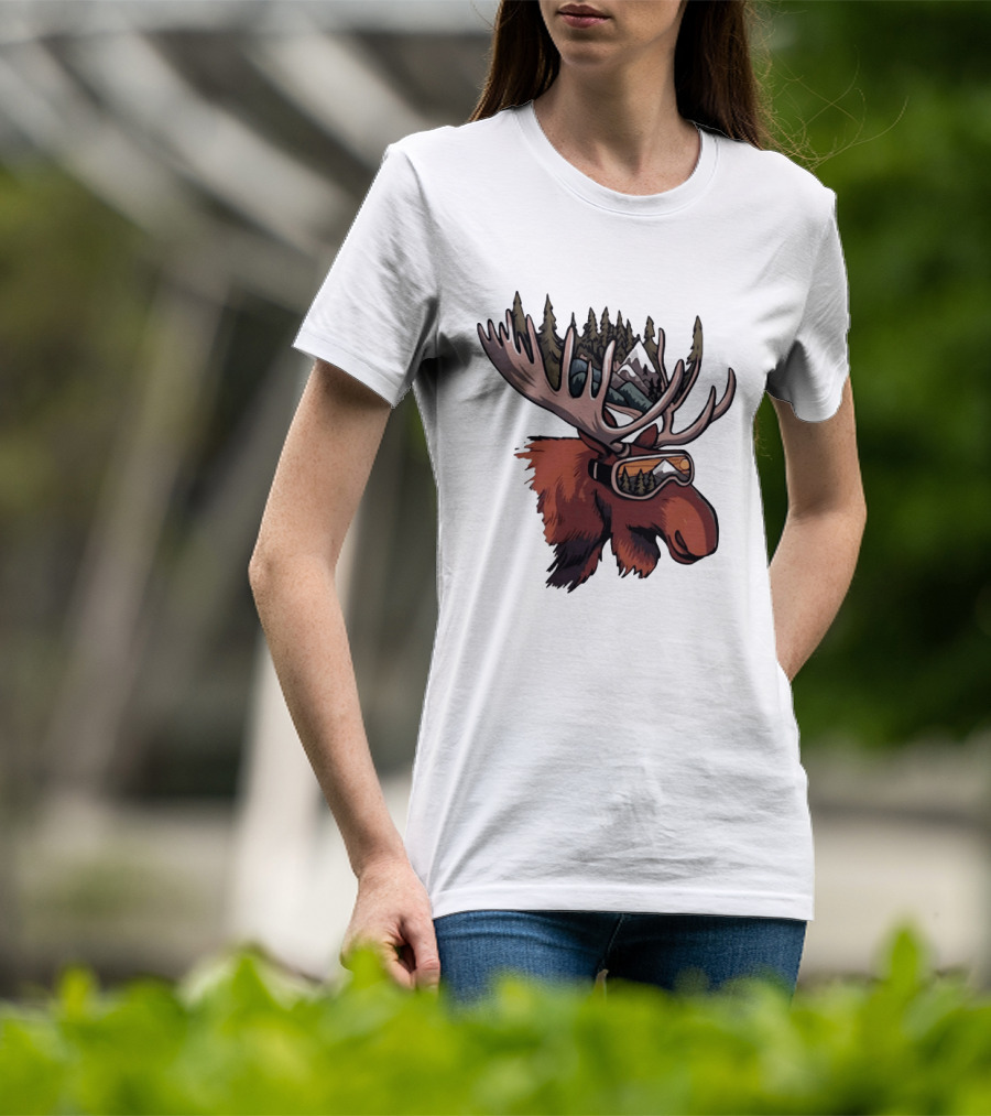 Moose With Ski Goggles And Mountain Forest Antlers Adventure Scene T-Shirt