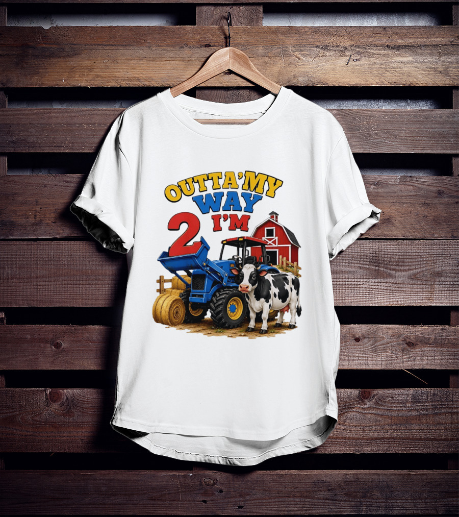 Outta My Way I'm 2 Farm Tractor Birthday Cow Barnyard Party T-Shirt